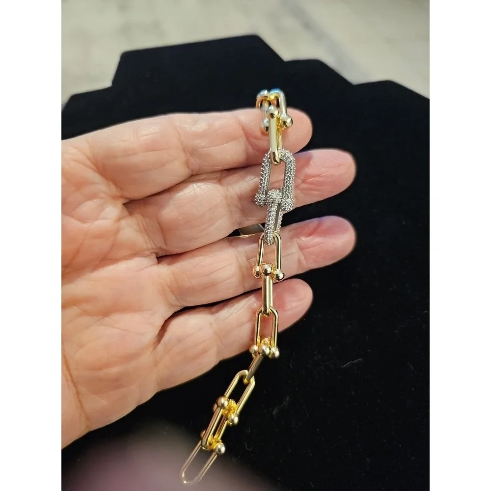Horse Bit Chunky‎ Gold Tone Bracelet With Cubic Zirconia Links
